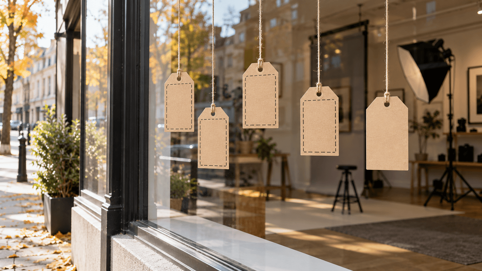 Helles Schaufenster eines kleinen Fotostudios an einer ruhigen Straße im Herbstlicht, im Glas hängen an Schnüren fünf Preisschilder aus Pappe ohne lesbare Zahl, dahinter ein unscharfes Studio mit Softbox und Hocker