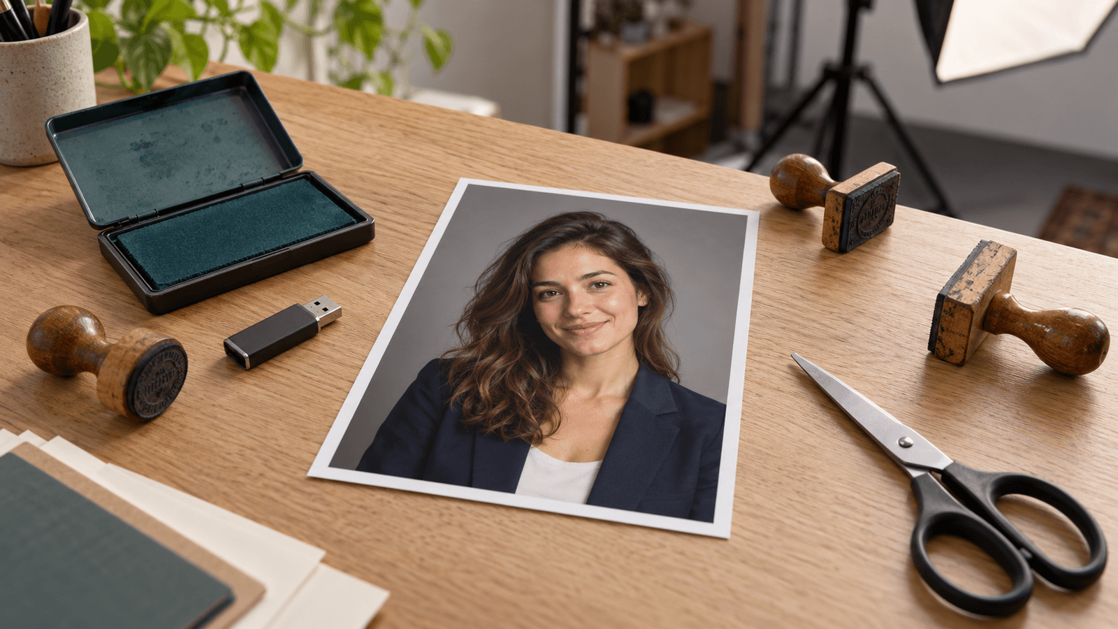 Ein ausgedrucktes Bewerbungsfoto einer jungen Frau mit langem gewelltem braunem Haar im dunkelblauen Blazer liegt auf einem hellen Holztisch, daneben drei Holzstempel ohne lesbare Schrift, ein offenes Stempelkissen, ein USB-Stick und eine Schere