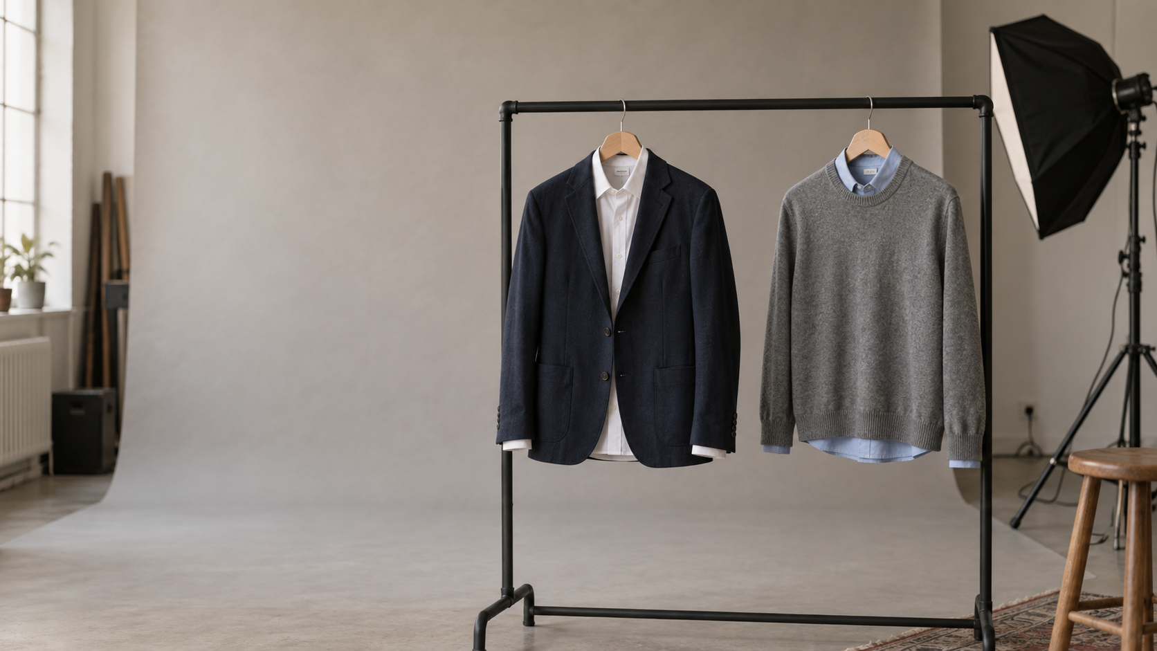 Schwarze Kleiderstange vor hellgrauem Studiohintergrund, darauf zwei Bügel: links ein dunkelblauer Blazer über weißem Hemd, rechts ein grauer Strickpullover über hellblauem Hemd, rechts daneben eine Softbox