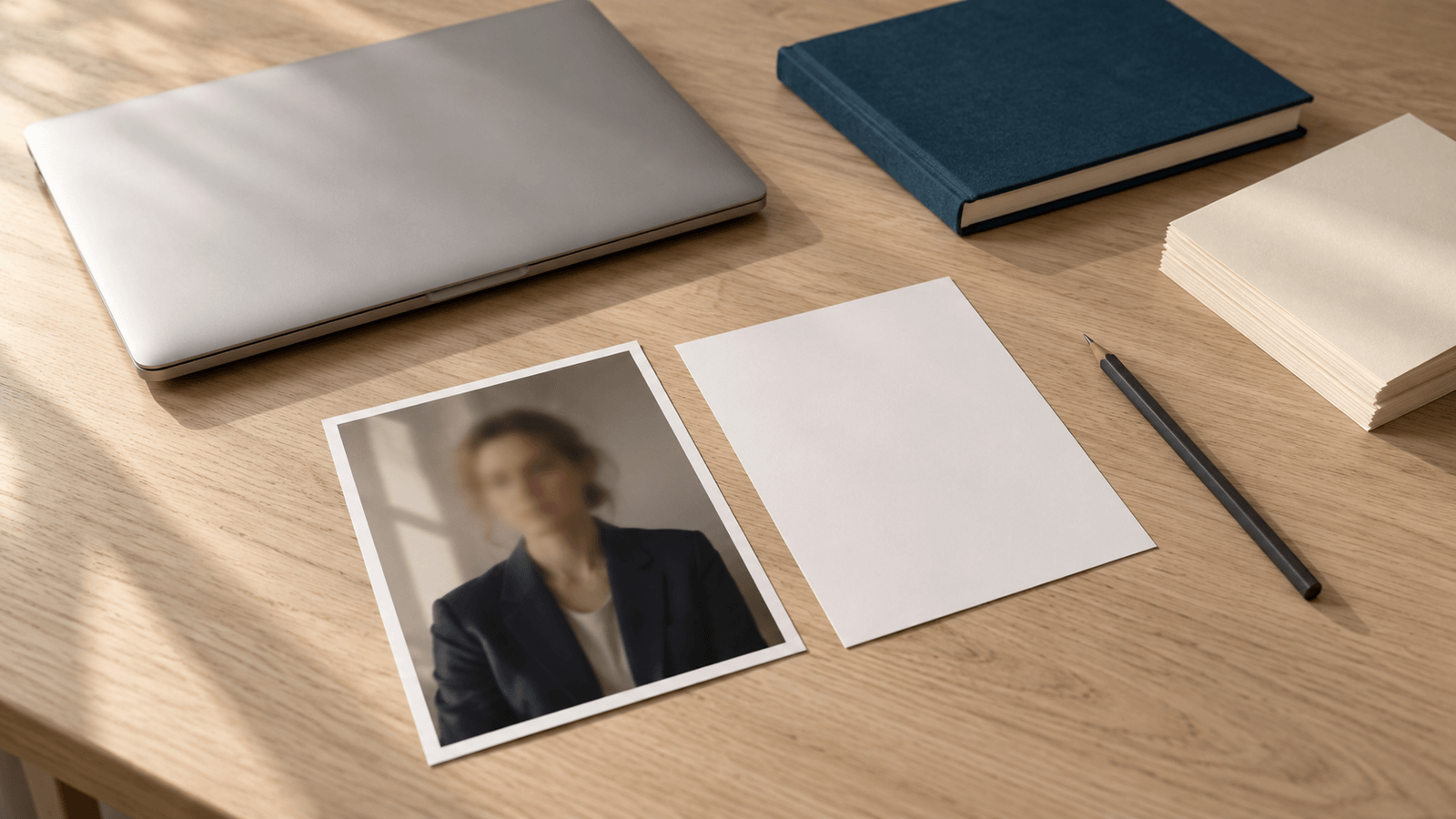 Zwei ausgedruckte Porträtfotos einer Person im dunkelblauen Blazer auf einem hellen Eichentisch, eines liegt mit der leeren weißen Rückseite nach oben, daneben ein geschlossener Laptop, ein Bleistift und ein petrolblaues Notizbuch