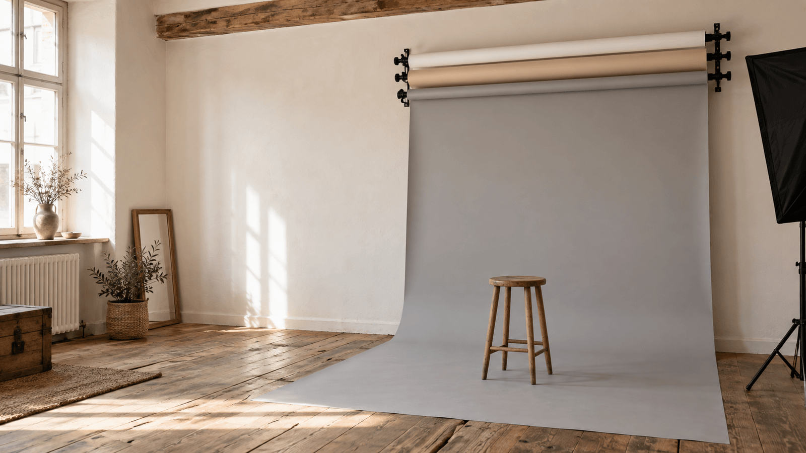 Aufnahmeecke eines kleinen Fotostudios in einem Altbau: drei breite Papierrollen in Weiß, Hellbeige und Hellgrau hängen nebeneinander an einer Schiene, nur die graue ist bis zum Boden heruntergezogen, davor ein Holzhocker