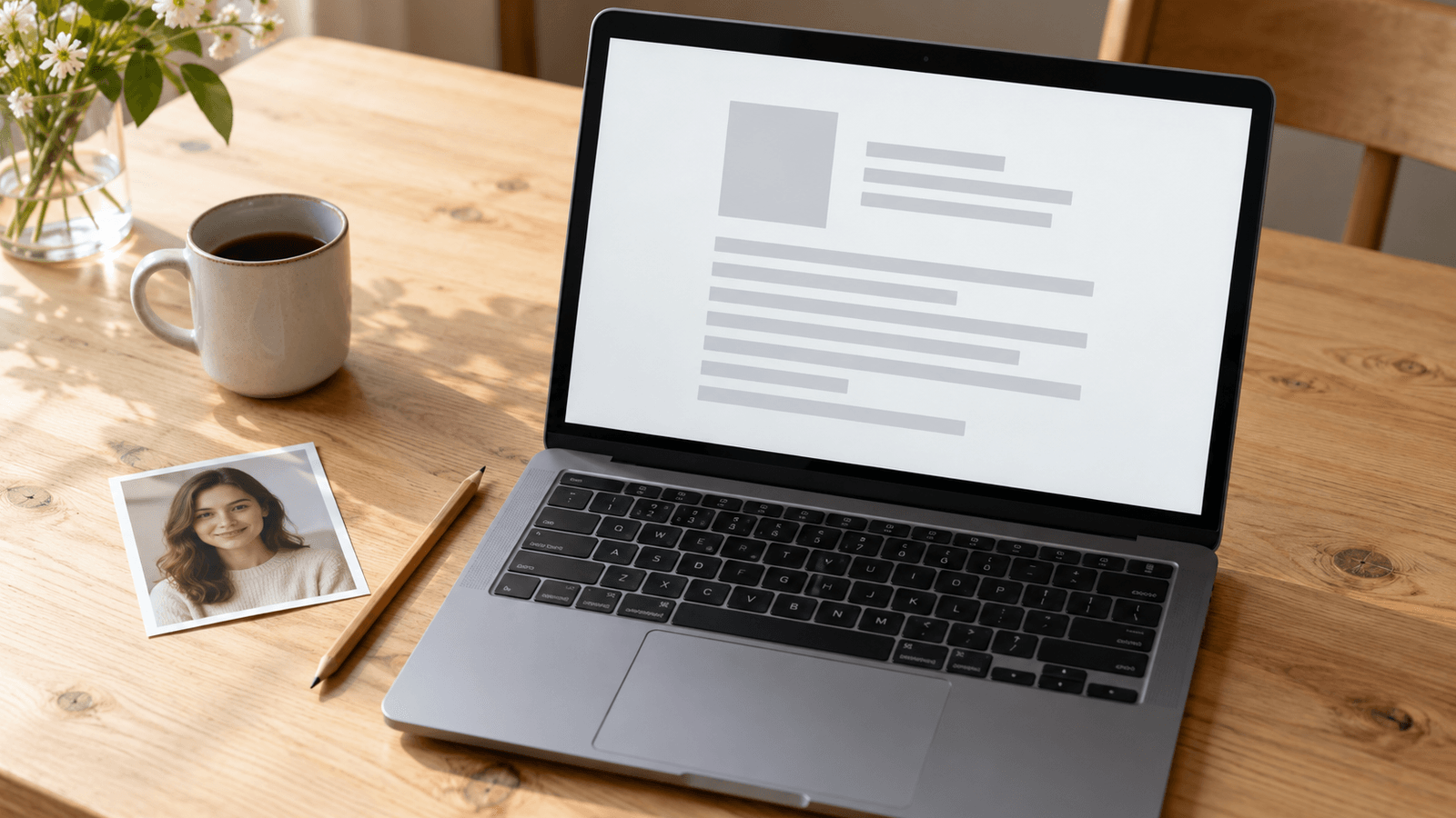 Heller Fichtenholztisch mit aufgeklapptem Laptop, auf dessen Bildschirm ein weißer Lebenslauf mit leerem grauem Fotofeld oben links zu sehen ist, daneben ein kleiner Porträtabzug, ein Bleistift und eine Tasse