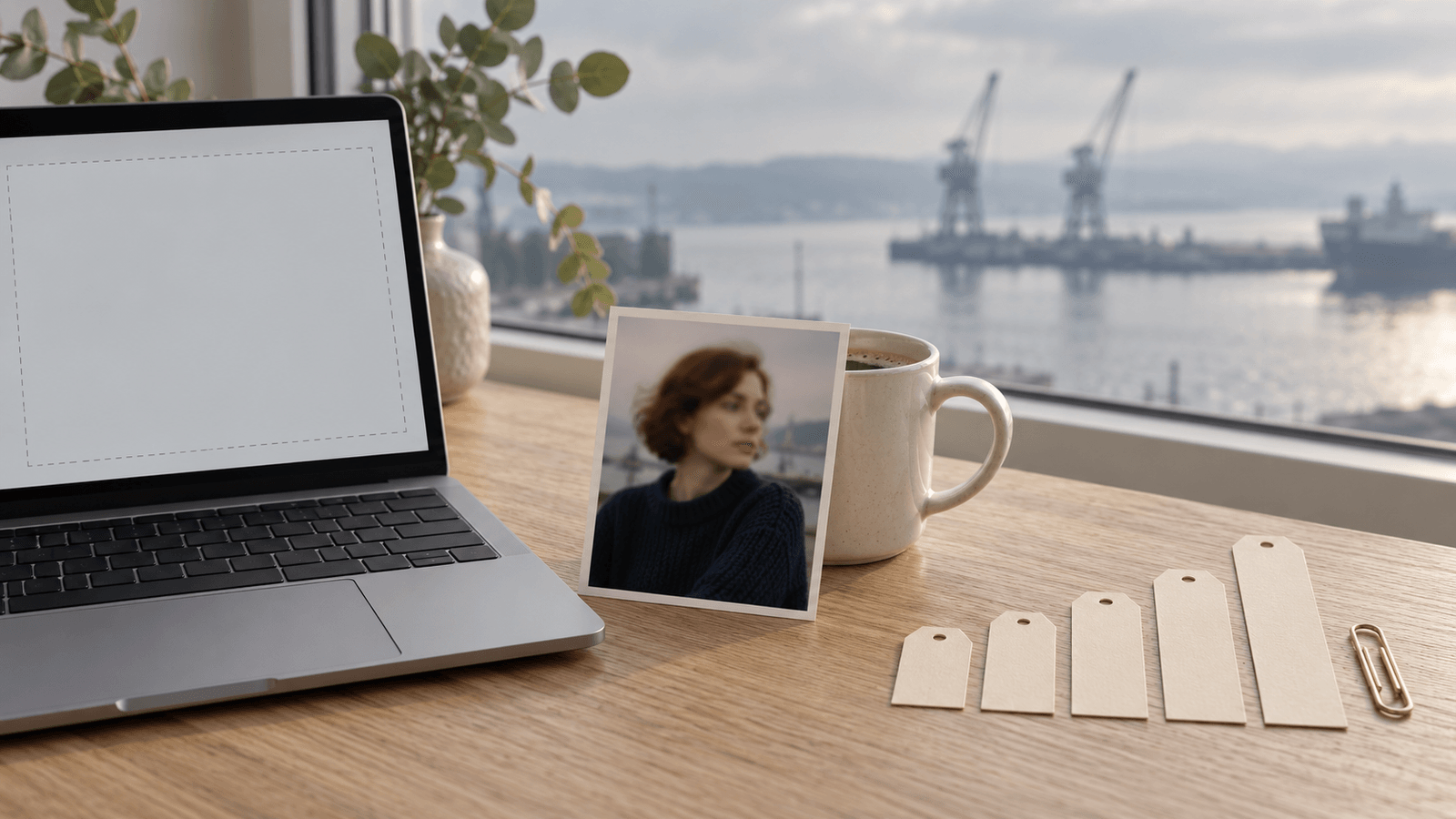 Heller Eichentisch am Fenster mit Blick auf einen verschwommenen Hafen: links ein aufgeklappter Laptop mit grauem, gestricheltem Uploadfeld, in der Mitte ein kleiner Porträtabzug einer Frau im marineblauen Pullover an einer Tasse, rechts fünf leere cremefarbene Kärtchen in aufsteigender Länge neben einer Büroklammer