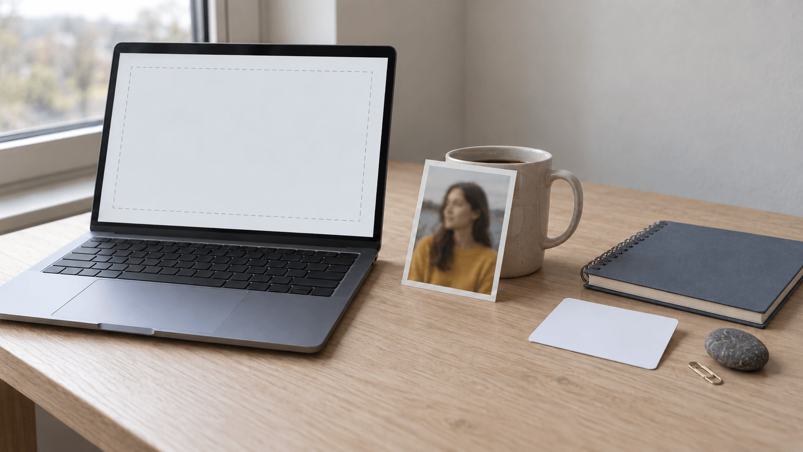 Heller Eichentisch am Fenster: links ein aufgeklappter Laptop mit grauem, gestricheltem Uploadfeld, in der Mitte ein kleiner Porträtabzug einer jungen Frau im senfgelben Pullover an einer Tasse, rechts eine leere weiße Plastikkarte neben einem Notizbuch