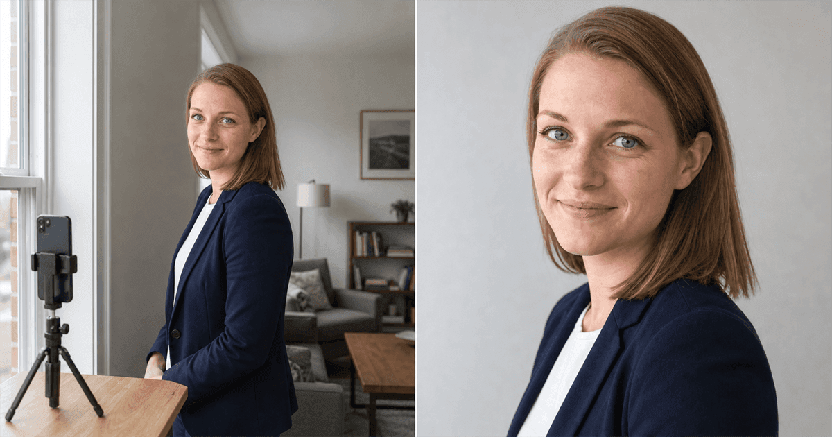 Links der Aufbau am Fenster mit Smartphone auf dem Stativ, rechts das fertige Bewerbungsfoto derselben Frau vor hellgrauer Wand