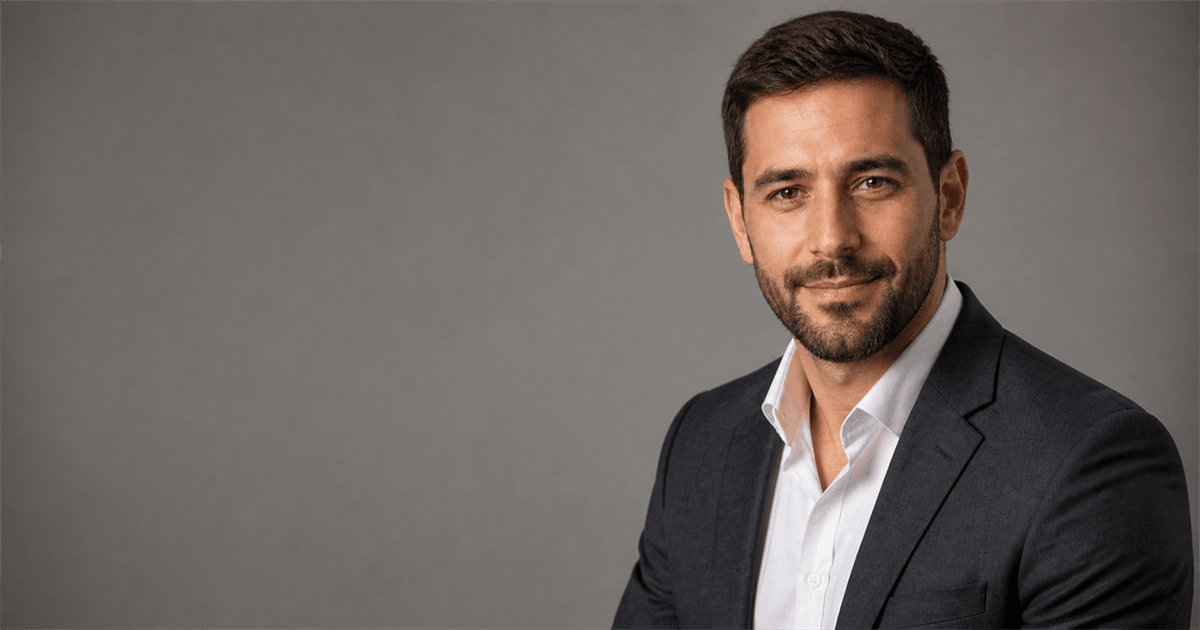 Mann Mitte dreißig mit kurzem dunklem Haar und kurzem Bart im anthrazitfarbenen Sakko über weißem Hemd vor warmgrauer Studiowand, ruhiger Blick in die Kamera