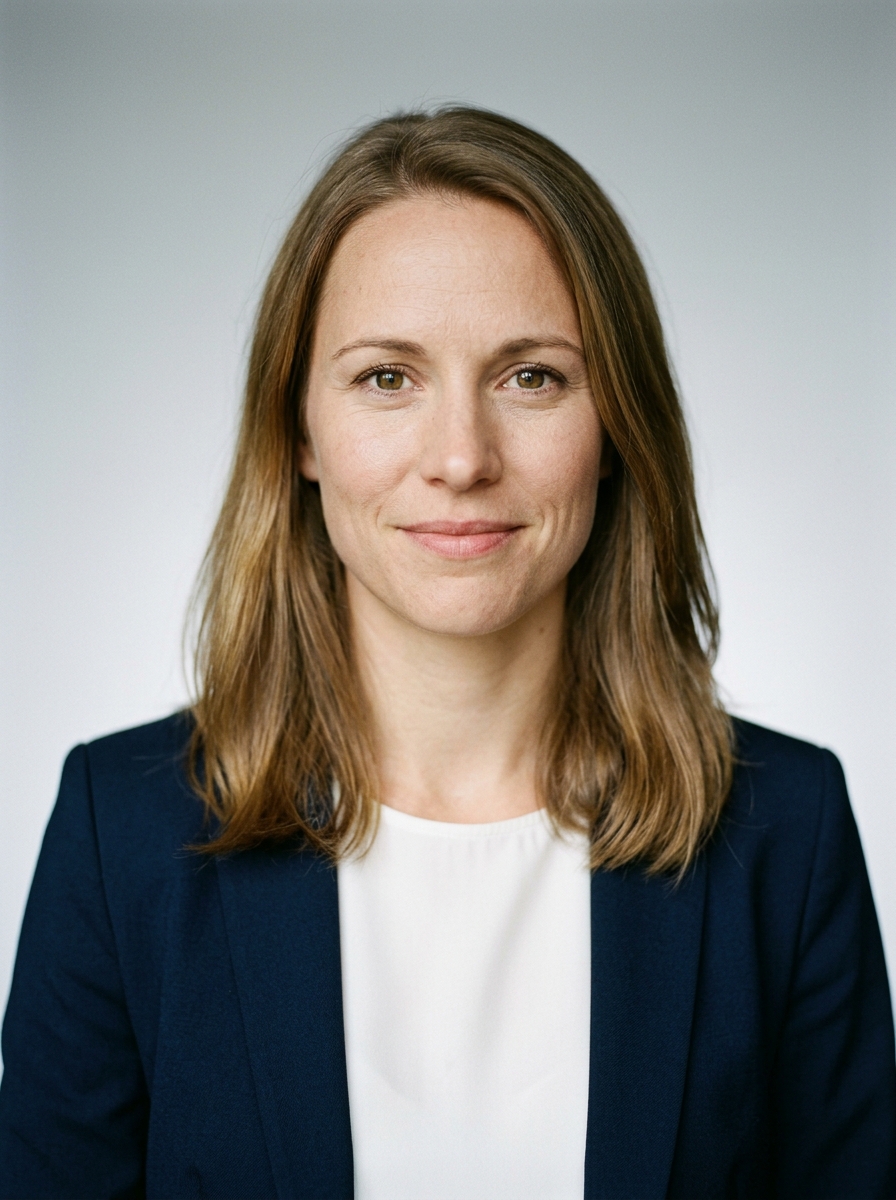 Vorbildliches Bewerbungsfoto einer Frau im navyblauen Blazer mit direktem Blick, weichem Licht und neutralem Hintergrund
