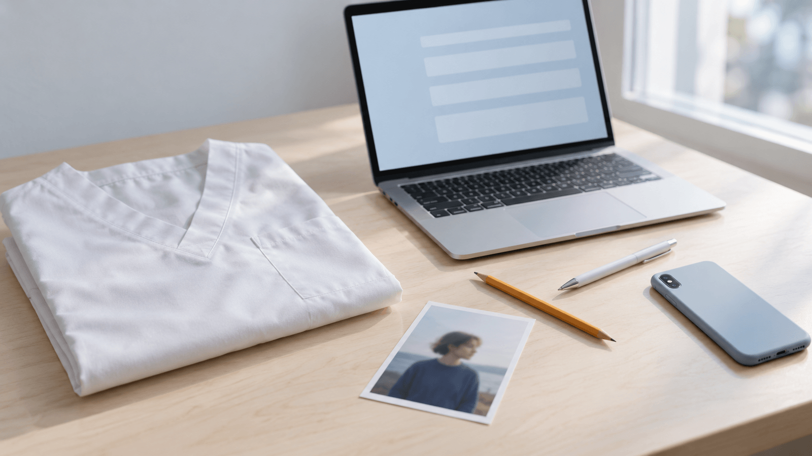 Gefaltete weiße Klinikjacke auf einem hellen Birkentisch, daneben ein kleiner ausgedruckter Porträtabzug einer jungen Person im dunkelblauen Pullover und ein aufgeklappter Laptop mit leerem, hellblauem Formular