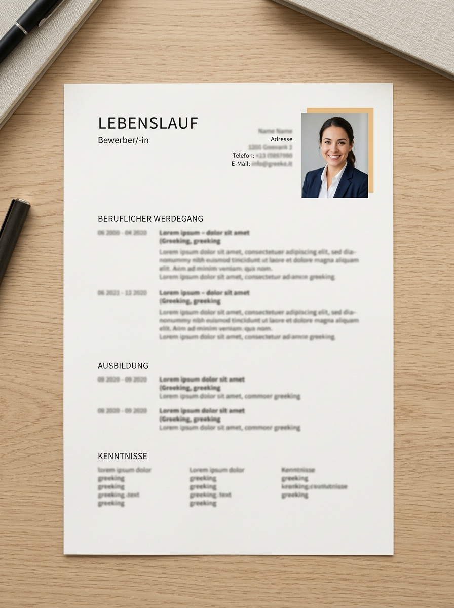 Lebenslauf mit professionellem Bewerbungsfoto oben rechts in der Ecke, daneben die persönlichen Daten