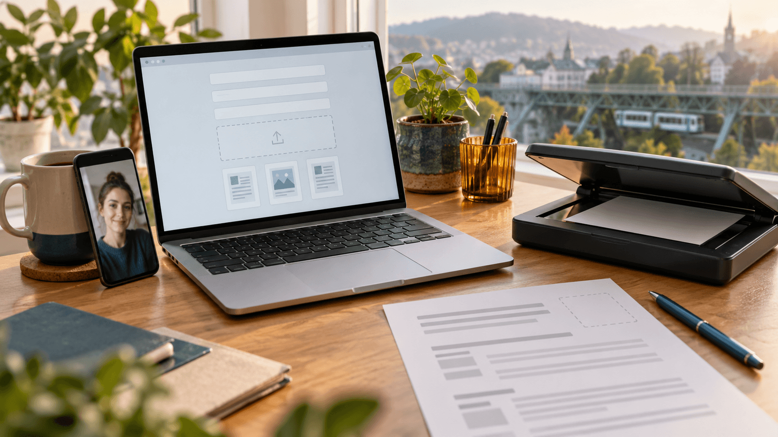 Heller Schreibtisch am Fenster mit einem offenen Laptop, auf dem Bildschirm ein Bewerbungsformular mit Upload-Feld, daneben ein Smartphone mit Selfie an einer Tasse, ein gedruckter Lebenslauf mit leerem Fotorahmen und ein kleiner Scanner mit halb offenem Deckel, hinter dem Fenster unscharf eine grüne Stahlbrücke mit Bahn über einem Tal