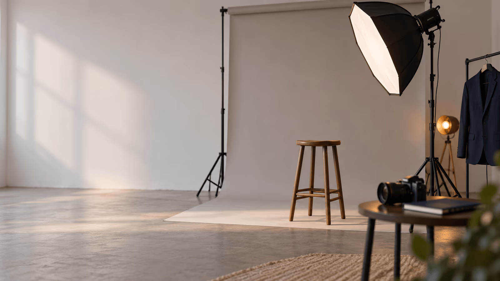 Estúdio fotográfico com fundo neutro, banqueta de madeira, softbox e um blazer azul-marinho pendurado ao lado