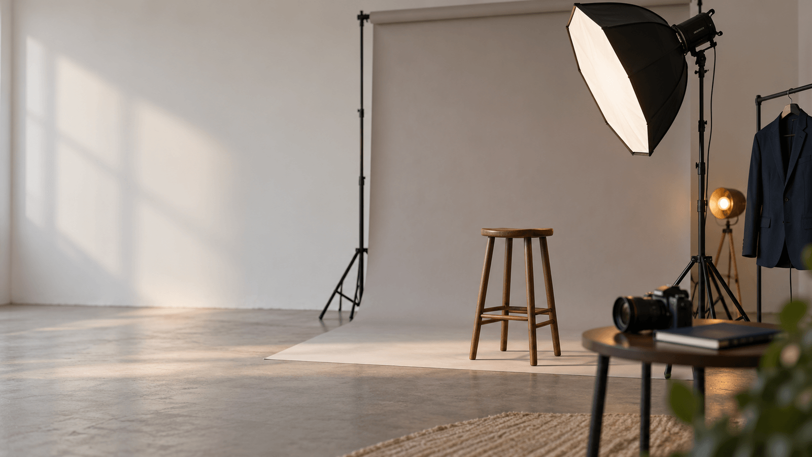 Leeres kleines Porträtstudio im Tageslicht: rechts eine große Softbox, auf einen Holzhocker vor grauem Papierhintergrund gerichtet, am Rand ein dunkelblauer Blazer auf einer Kleiderstange, daneben eine Kamera auf einem Beistelltisch