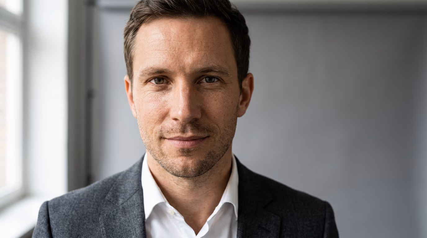 Zakelijk portret van een man in grijs colbert en wit overhemd voor een neutrale muur naast een raam