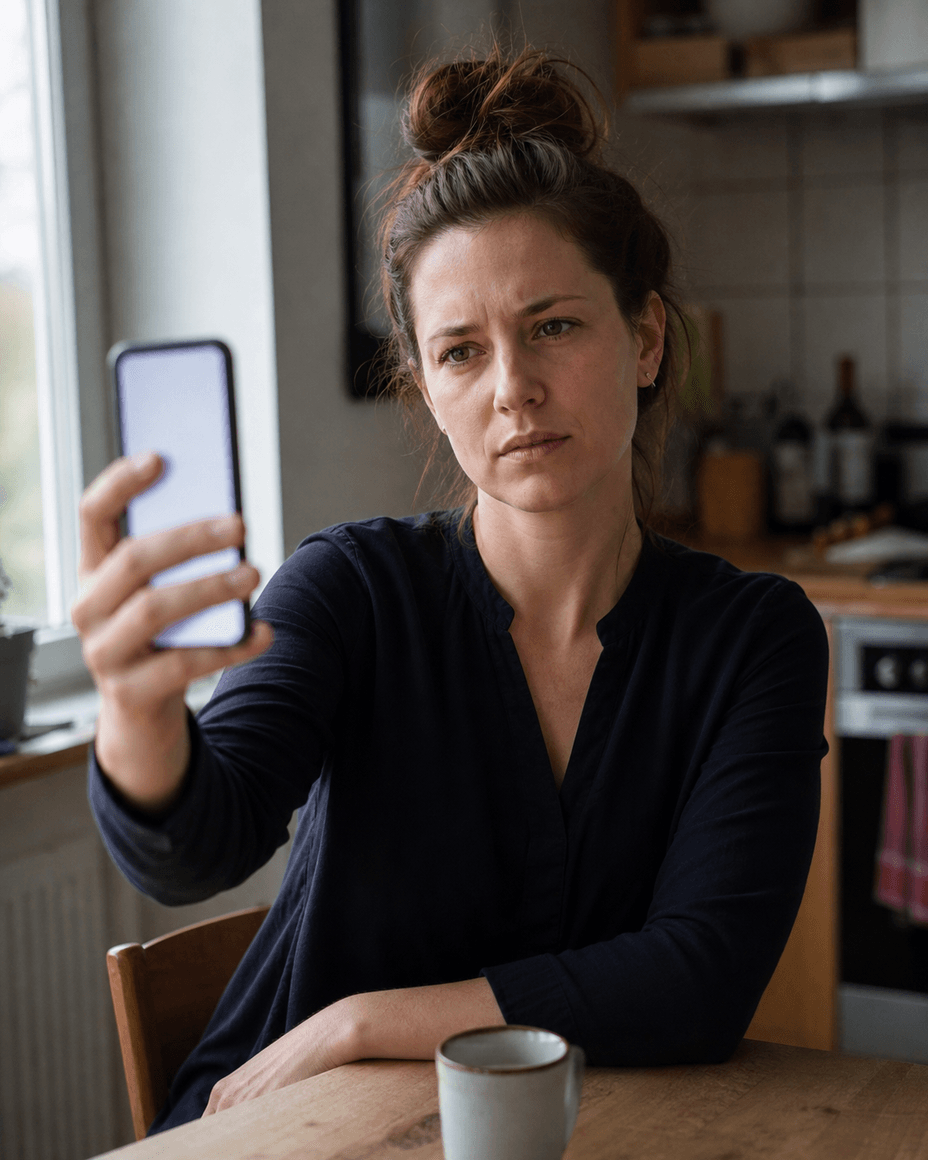 Junge Frau am Küchentisch hält ihr Handy vor sich und schaut mit skeptischem Gesichtsausdruck auf den Bildschirm