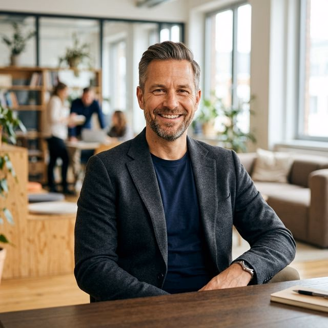 Portrait d’un consultant souriant assis à une table dans un espace de coworking lumineux