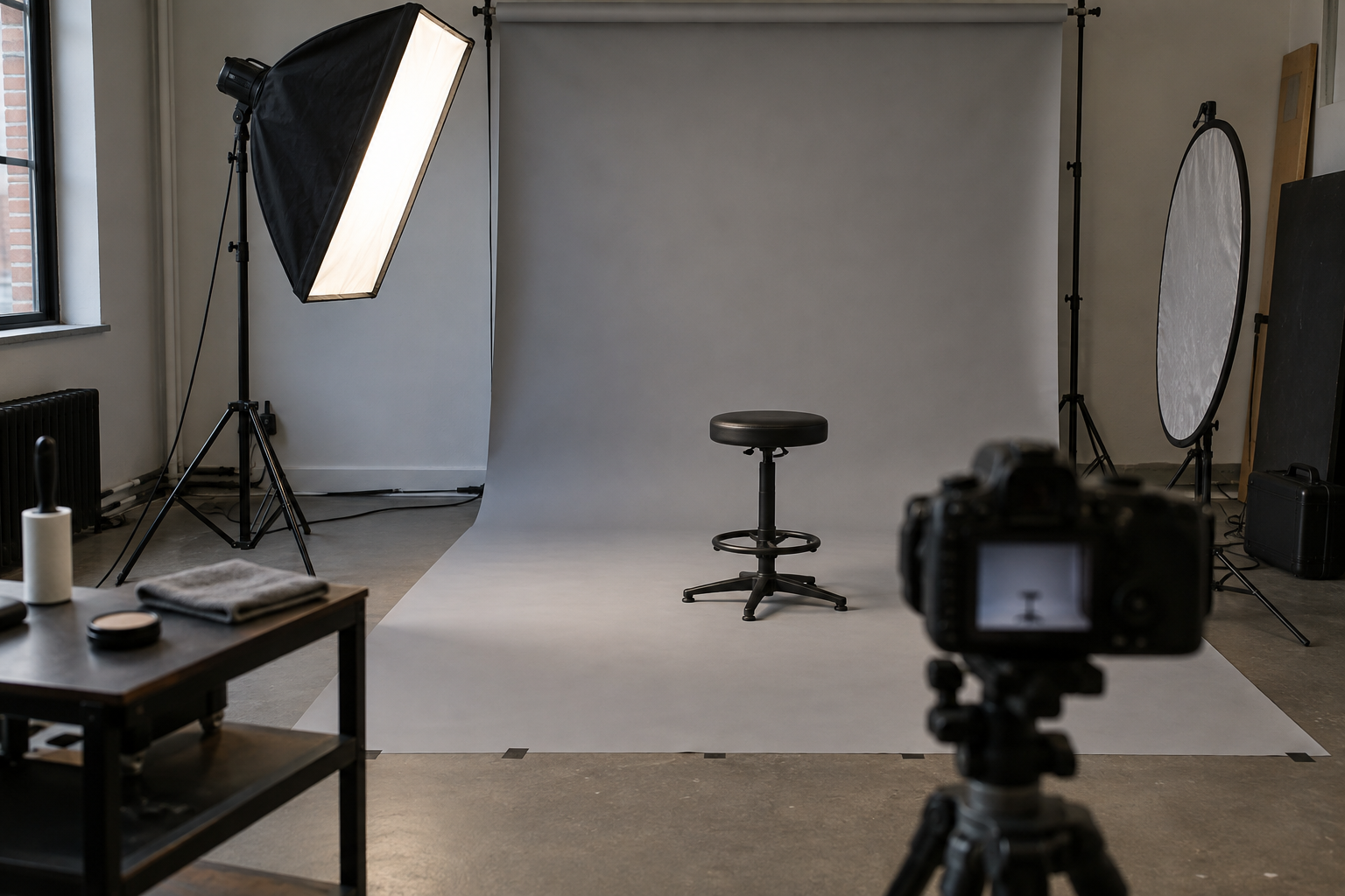 Leeres Fotostudio mit hellgrauer Papierrolle, einem einzelnen schwarzen Hocker, Softbox und Kamera auf einem Stativ
