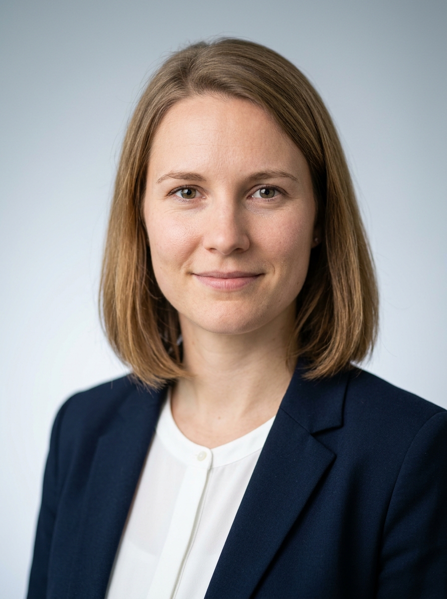 Digitales Bewerbungsfoto einer Frau im navyblauen Blazer als scharfe Bilddatei vor hellgrauem Studio-Hintergrund