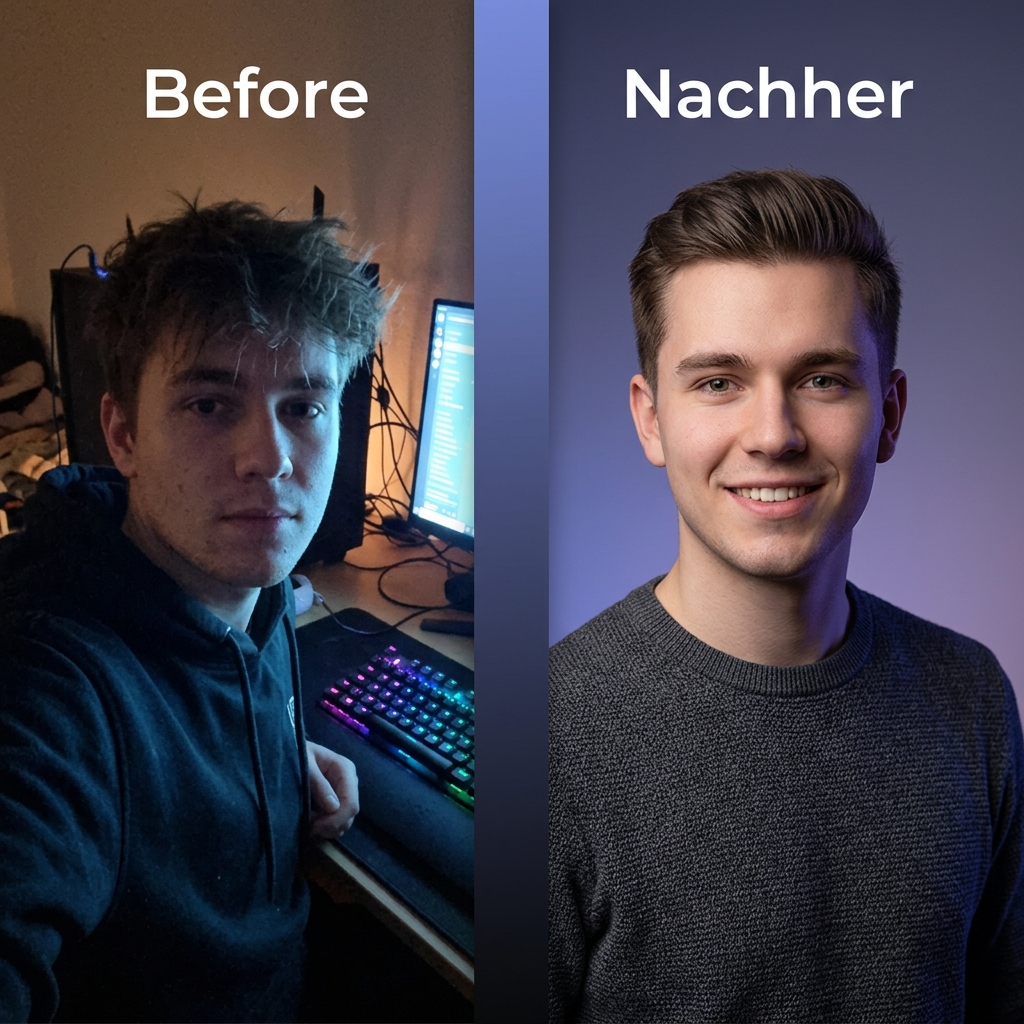 Vorher: Selfie in Sportkleidung, Nachher: Professionelles Business-Profilfoto