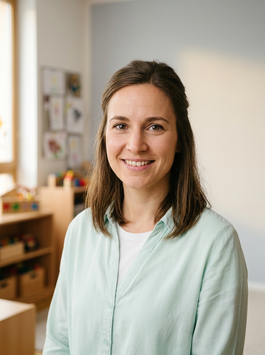Generated example of a teacher headshot: mint green shirt, warm open smile, softly blurred classroom with shelves in the background