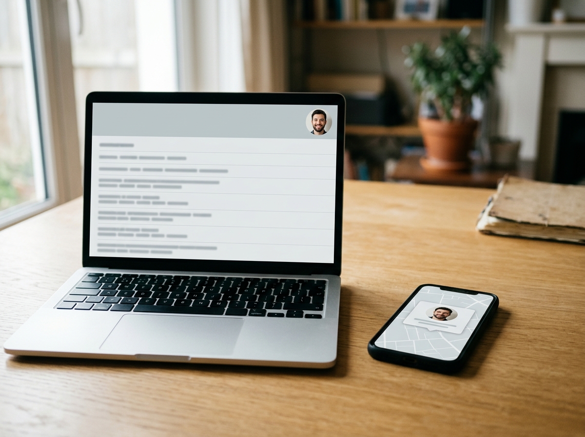 Laptop mit Postfachliste und rundem Porträtfoto oben rechts, daneben ein Smartphone mit einer Kartenansicht, auf der dasselbe Porträt in einem Rezensionsfeld erscheint
