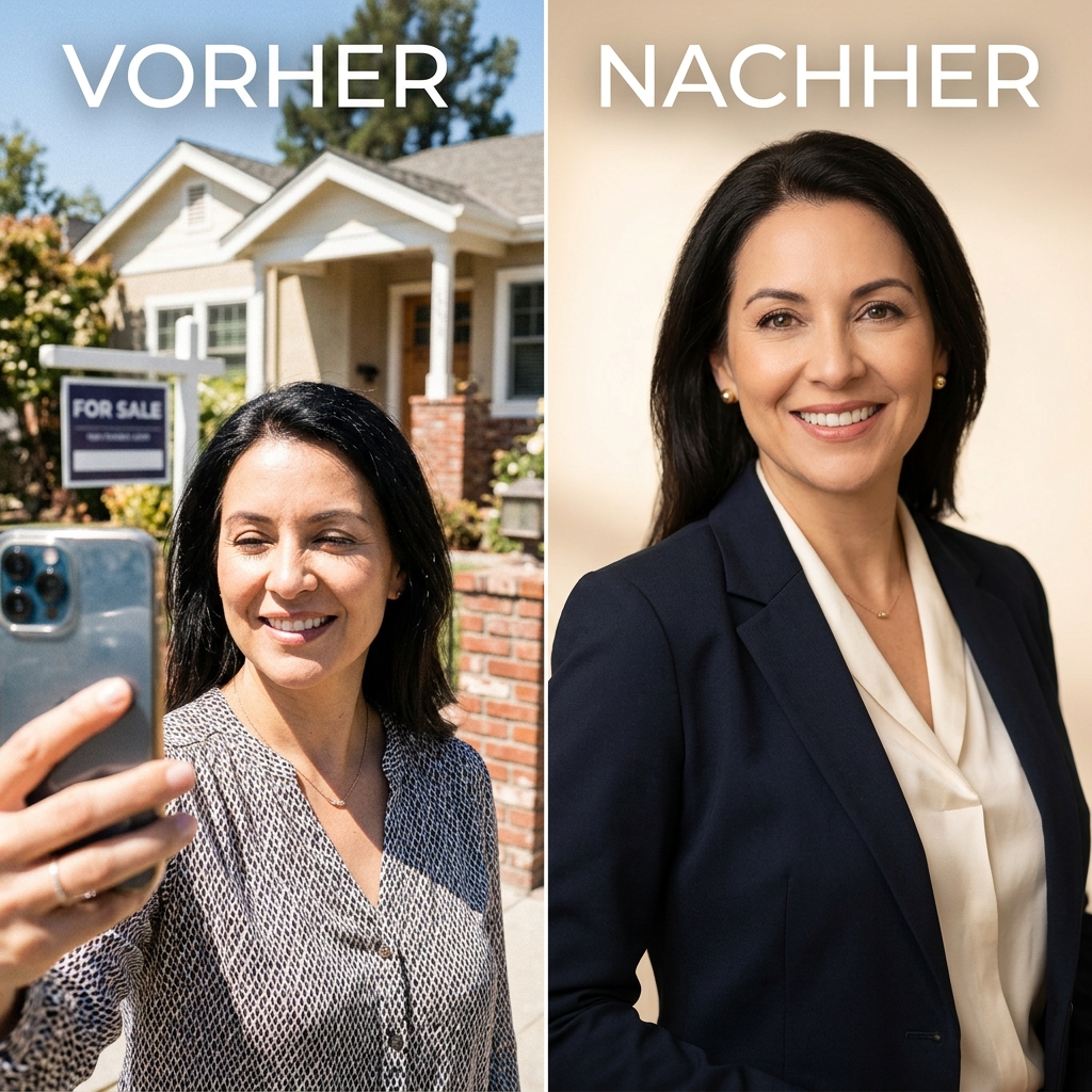 Vorher: Selfie in Sportkleidung, Nachher: Professionelles Business-Profilfoto