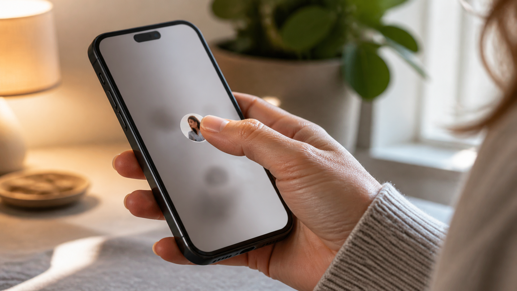 Eine Hand haelt ein Smartphone, der Daumen beruehrt gerade ein rundes Instagram-Profilbild
          auf dem Display, im Hintergrund ein warm ausgeleuchteter Schreibtisch