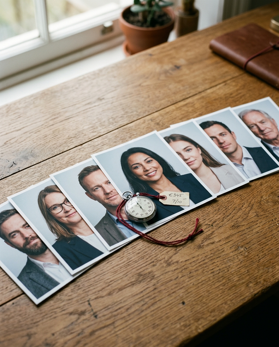Sieben ausgedruckte KI-Bewerbungsfotos nebeneinander auf einem Schreibtisch, eines davon mit Preisschild und Stoppuhr