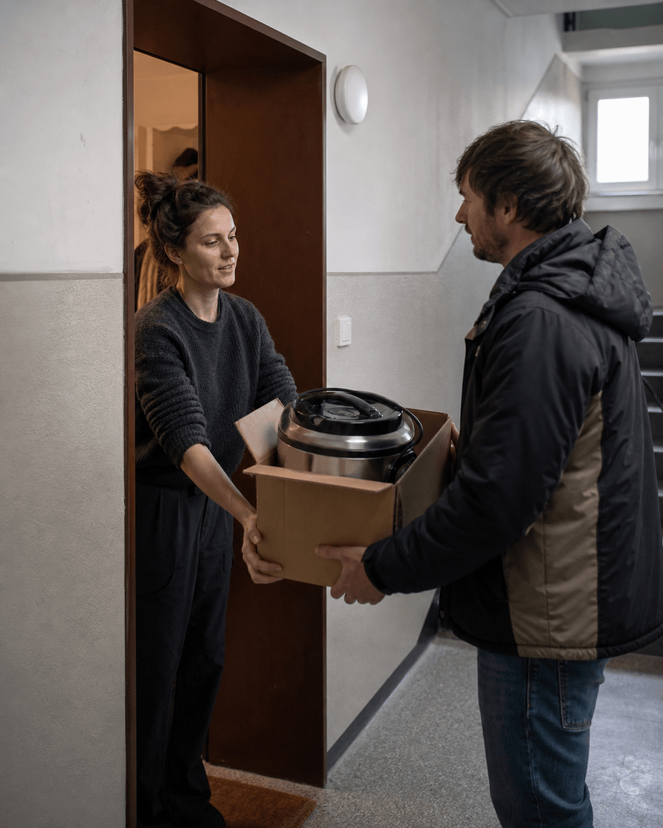 &Uuml;bergabe eines gebrauchten K&uuml;chenger&auml;ts in einem Treppenhaus, Verk&auml;uferin steht in der Wohnungst&uuml;r und reicht den Karton an den Abholer