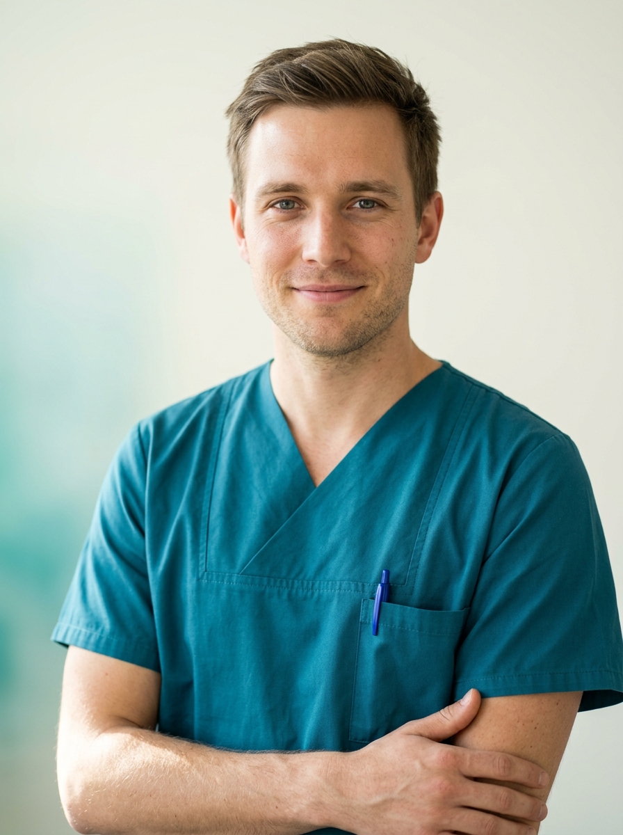Krankenpfleger-Bewerbungsfoto: Pflege-Kasack-Portrait für Charite und konfessionelle Träger