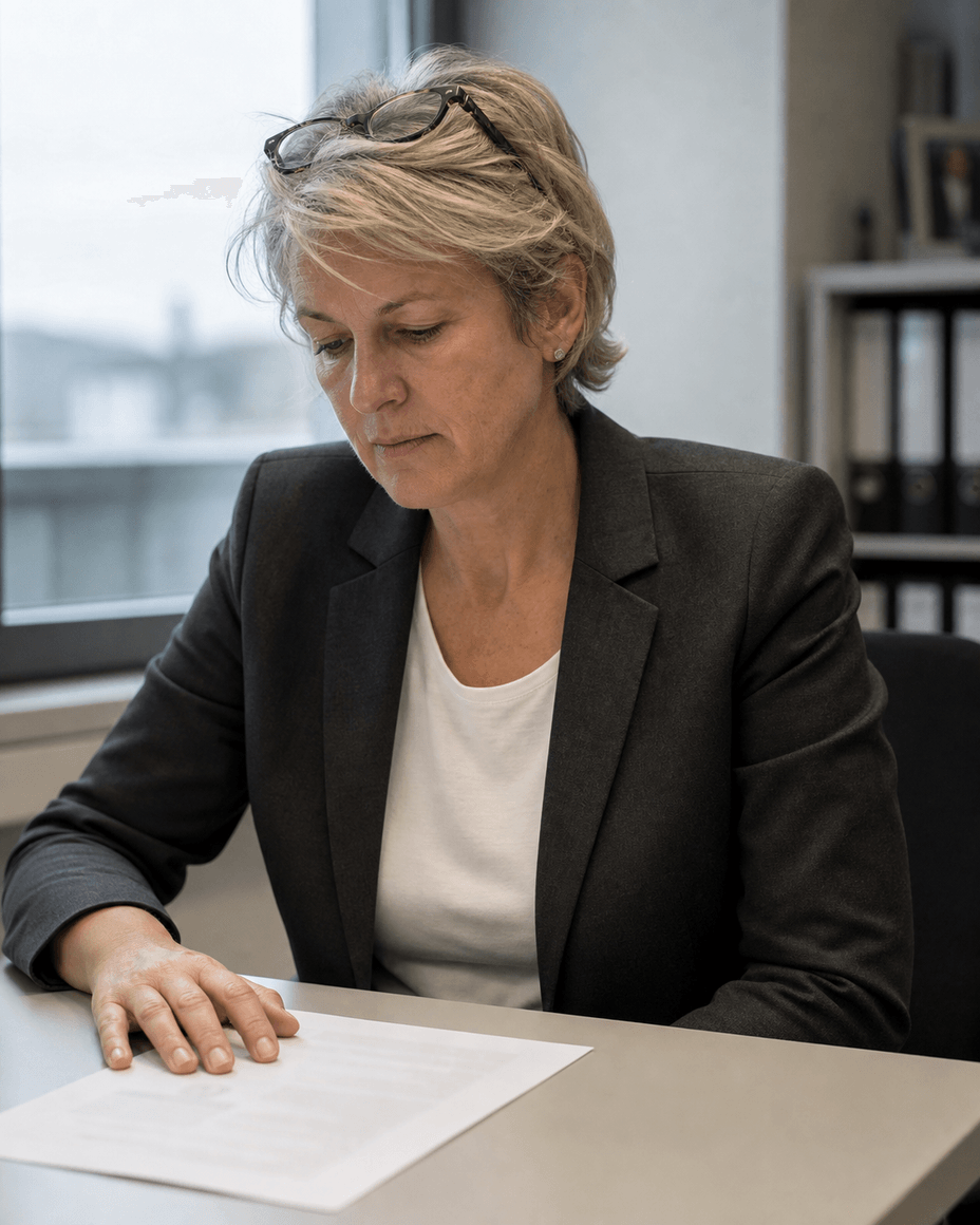 Frau mittleren Alters im Blazer sitzt am Schreibtisch am Fenster und sieht auf eine ausgedruckte Bewerbung hinunter, die Lesebrille ins Haar geschoben