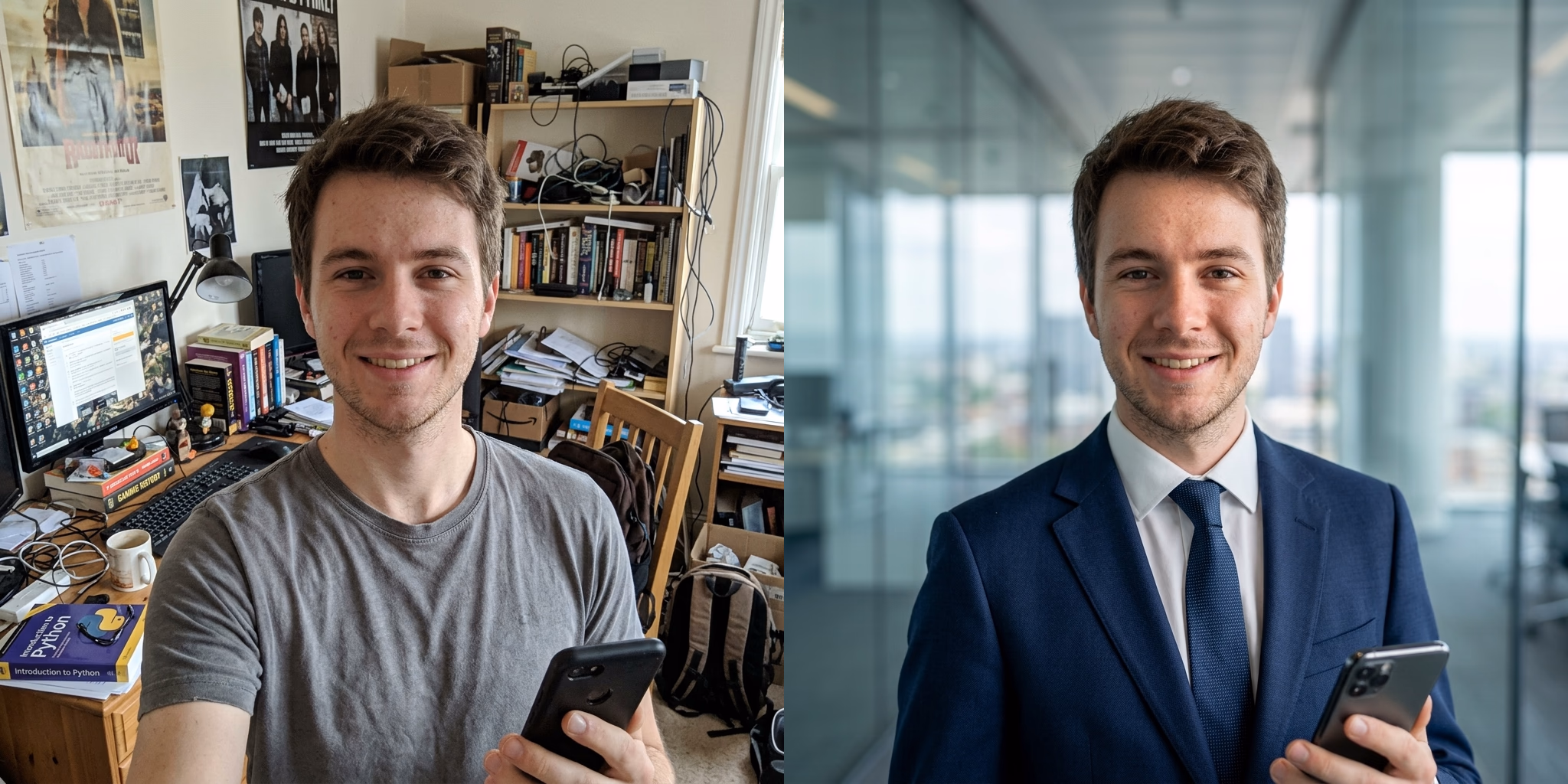 Comparação de uma mesma pessoa numa selfie em quarto desarrumado e num retrato profissional de terno azul em escritório de vidro