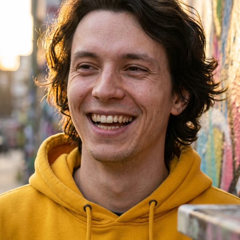 Lustiges Profilbild: Junger Mann lacht vor bunter Graffiti-Wand, gelber Hoodie, urban