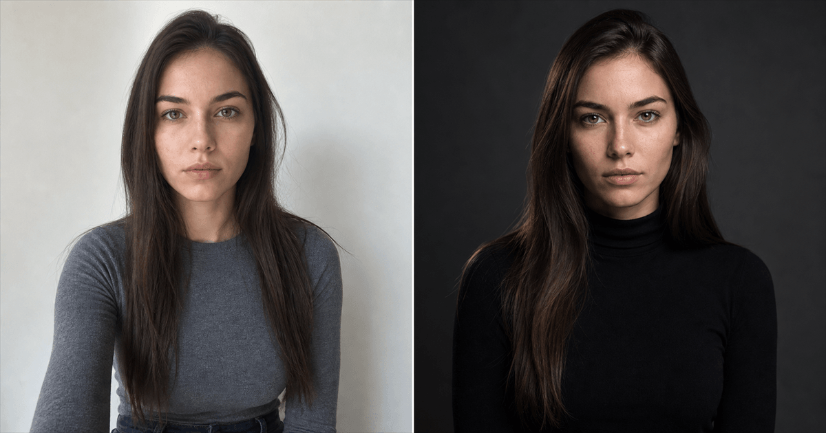 Dieselbe junge Frau zweimal nebeneinander: links ungeschminkt vor einer weißen Wand im Tageslicht, rechts geschminkt und ausgeleuchtet vor dunklem Studiohintergrund