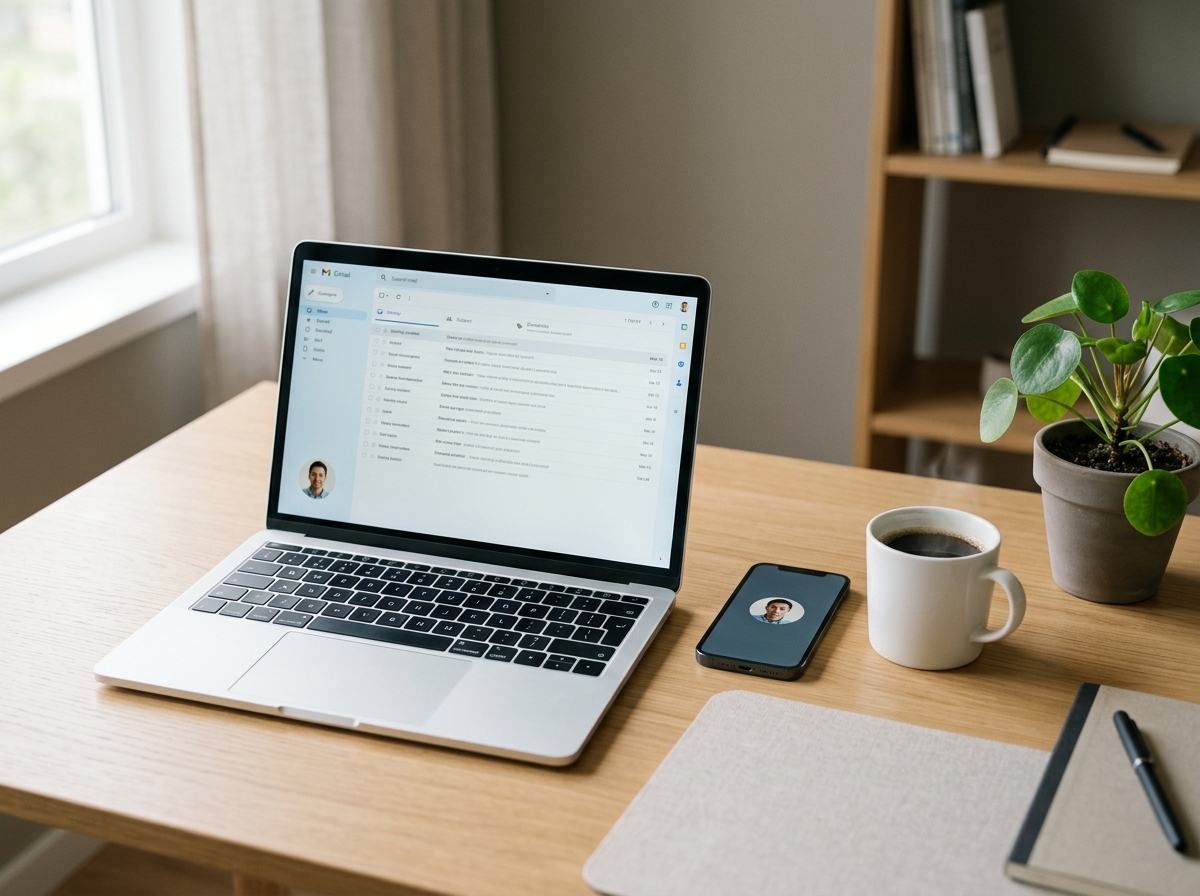 Laptop mit geöffnetem Postfach und rundem Kontaktbild daneben ein Smartphone mit demselben Porträt