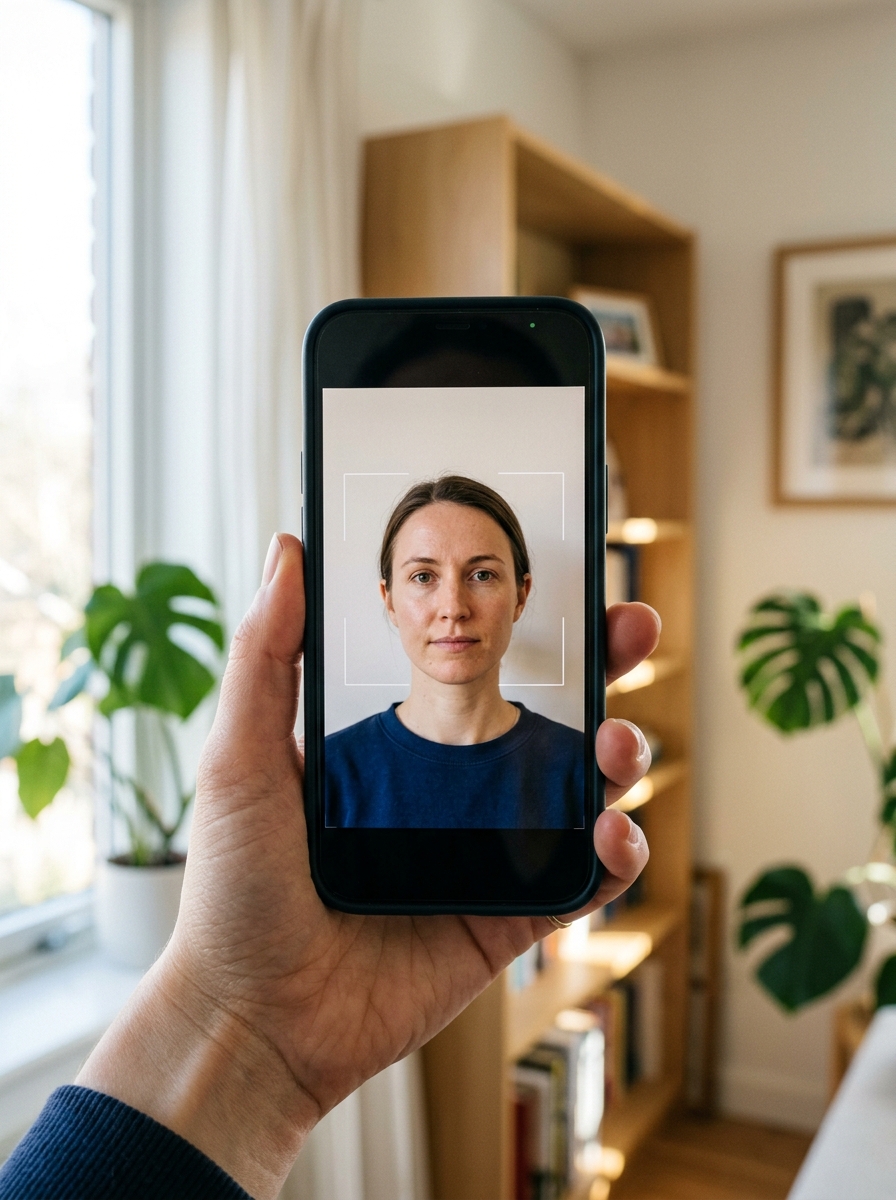 Hand hält ein Smartphone, auf dem Display eine Person frontal wie für ein biometrisches Passbild im Rahmen einer Passbild-App