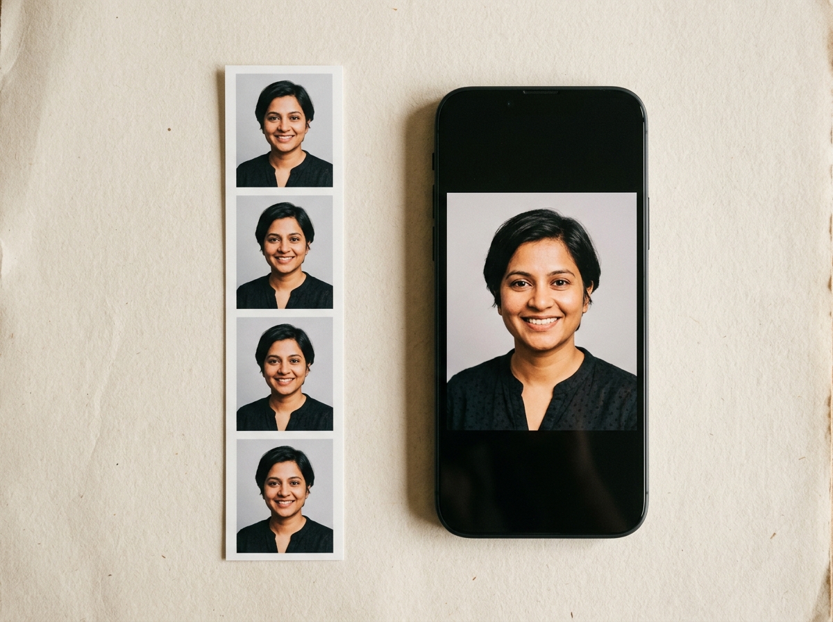 Vier gedruckte Passbilder liegen neben einem Smartphone, auf dem dasselbe Porträt als Bilddatei zu sehen ist