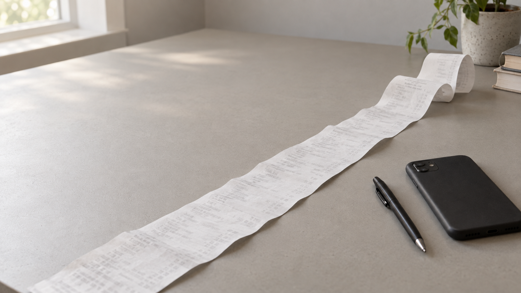 Ein sehr langer Kassenbon aus Thermopapier liegt aufgerollt quer über einem hellen Schreibtisch, daneben ein Smartphone mit dem Display nach unten und ein Kugelschreiber