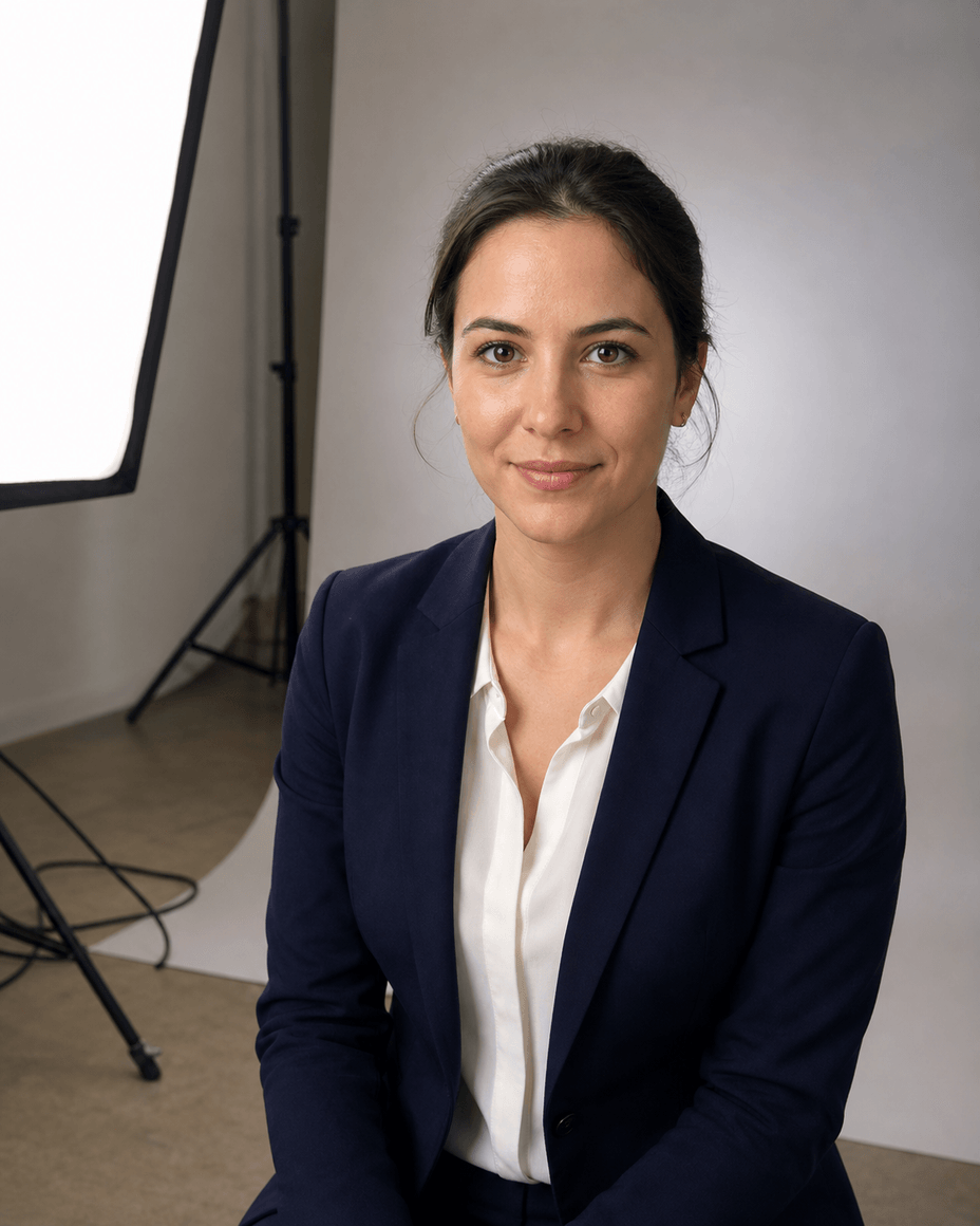 Frau im dunkelblauen Blazer sitzt in einem Fotostudio vor hellem Hintergrundpapier, links im Bild steht eine große Softbox auf einem Stativ