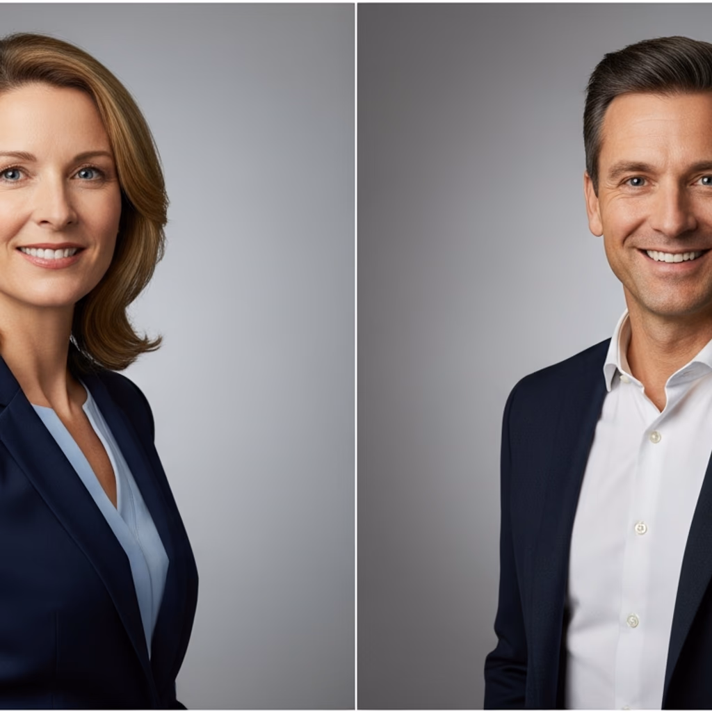 Dos retratos profesionales, una mujer y un hombre, con blazer oscuro y fondo gris