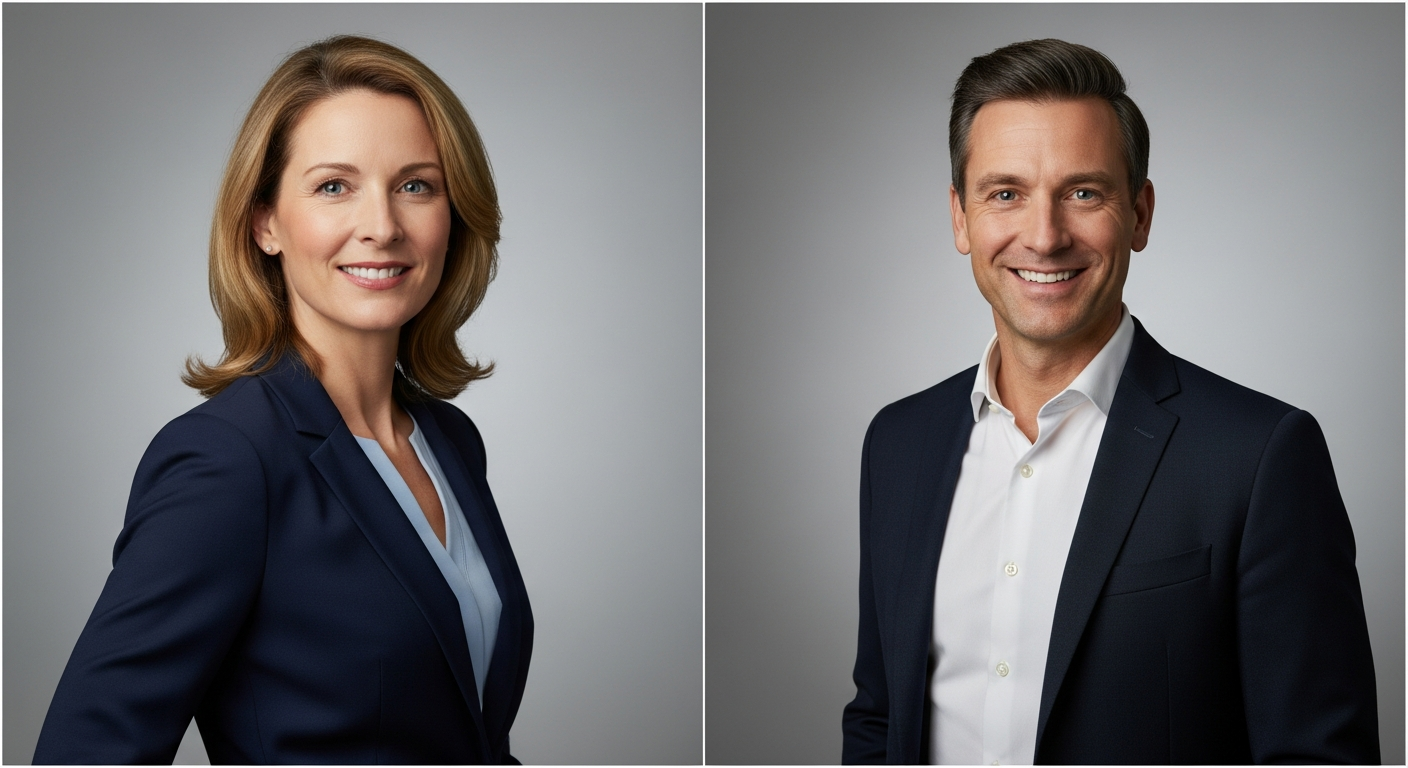 Two generated example portraits in the same style: even light, light gray background, navy blazers, slight shoulder turn, head-and-shoulders crop