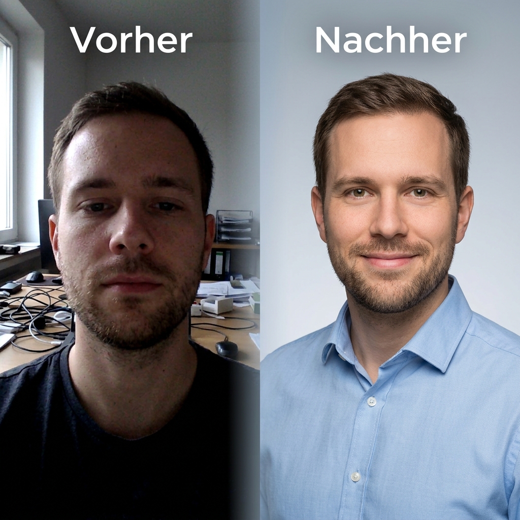 Vorher: Selfie in Sportkleidung, Nachher: Professionelles Business-Profilfoto