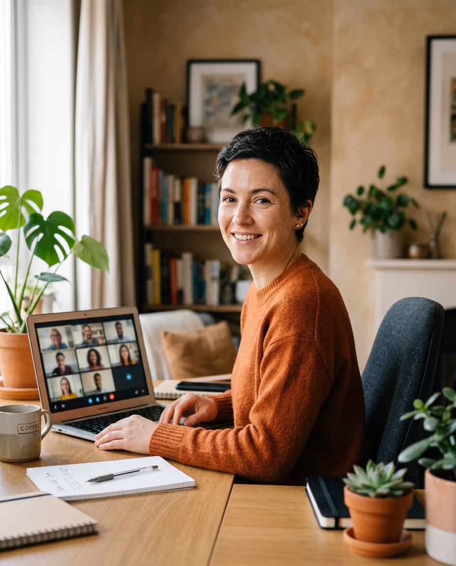 Smiling woman at a home desk beside a laptop that shows a video call with several participants
