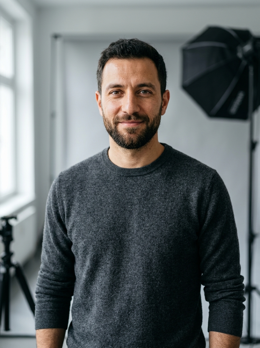 Safak Tepecik, Gruender von Profilfoto KI, im modernen Foto-Studio
