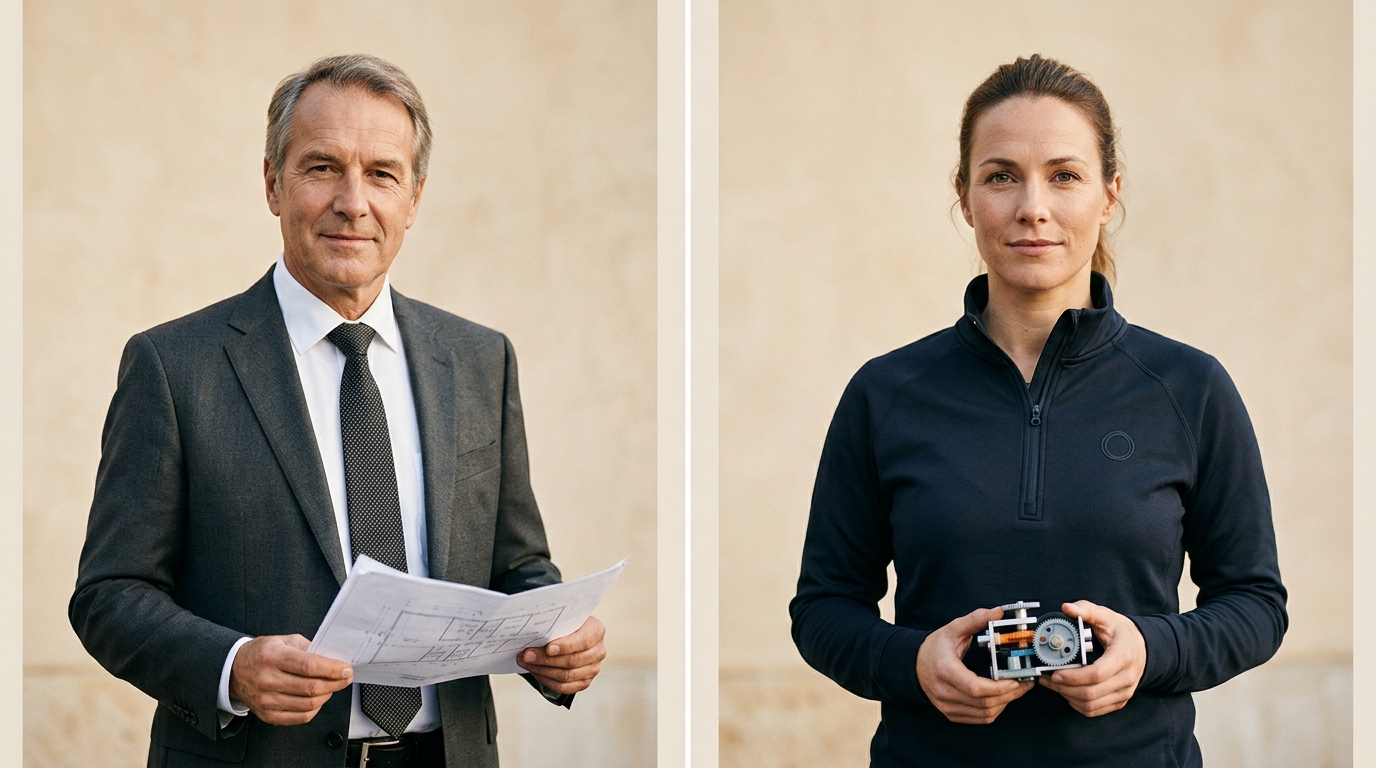 Side-by-side-Vergleich klassisches Anzug-Bewerbungsfoto neben modernem Pullover-Look