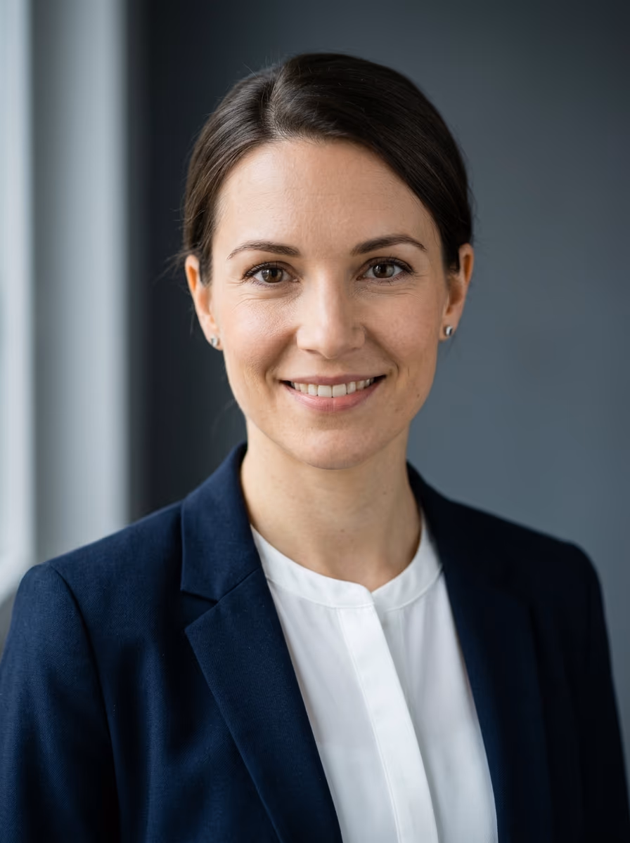 Justizfachangestellte in schlichter dunkler Bluse als ideale Bewerbungsfoto-Kleidung zwischen formell und warm