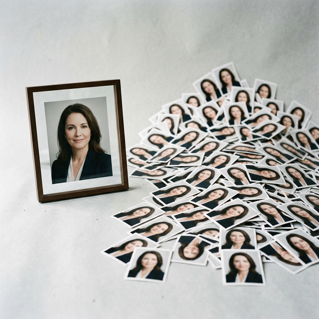 Ein einzelnes gerahmtes Bewerbungsfoto neben einem unsortierten Stapel aus dutzenden fast identischen Fotoabzügen