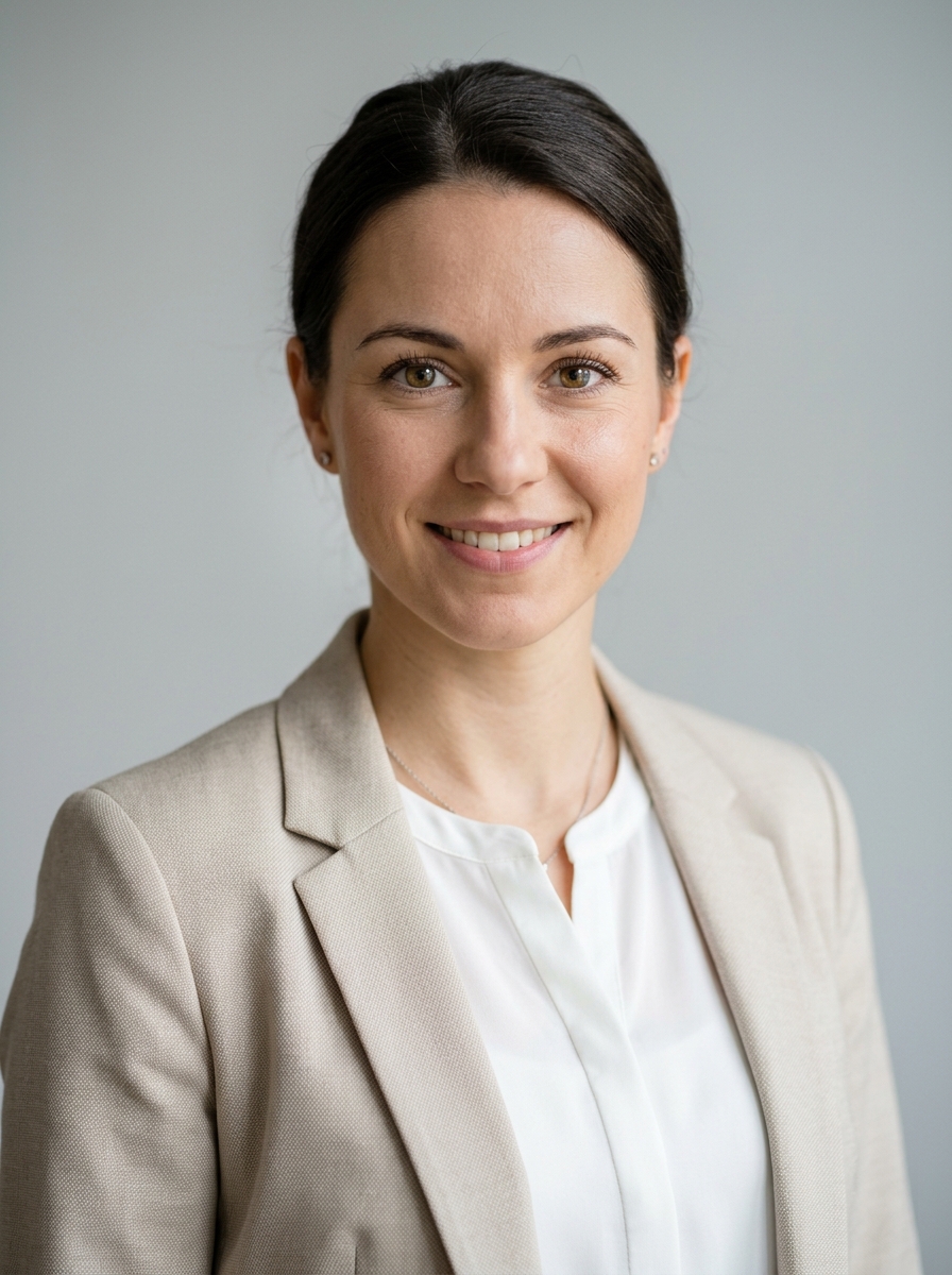 KI-Bewerbungsfoto einer Frau in weißer Bluse und beigem Blazer