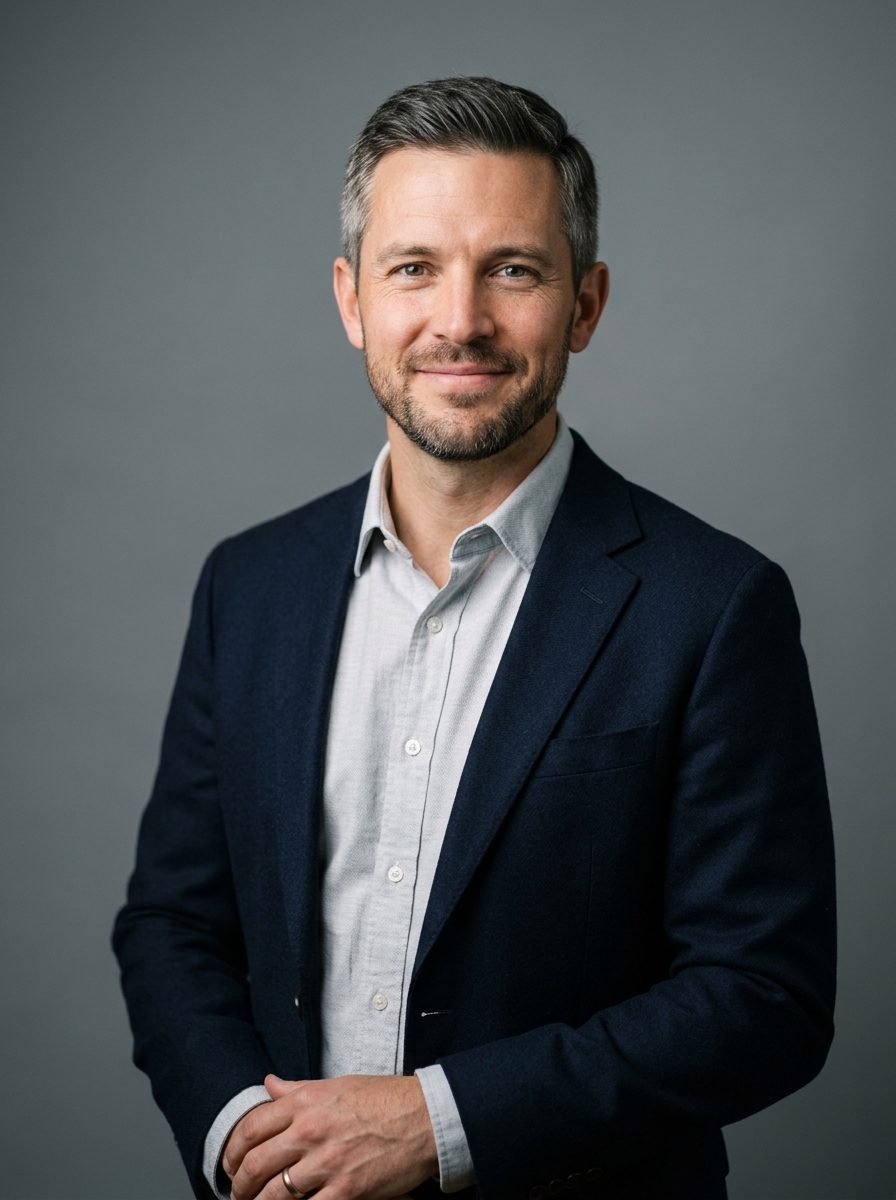 Professioneller LinkedIn-Headshot eines Mannes im hellgrauen Hemd