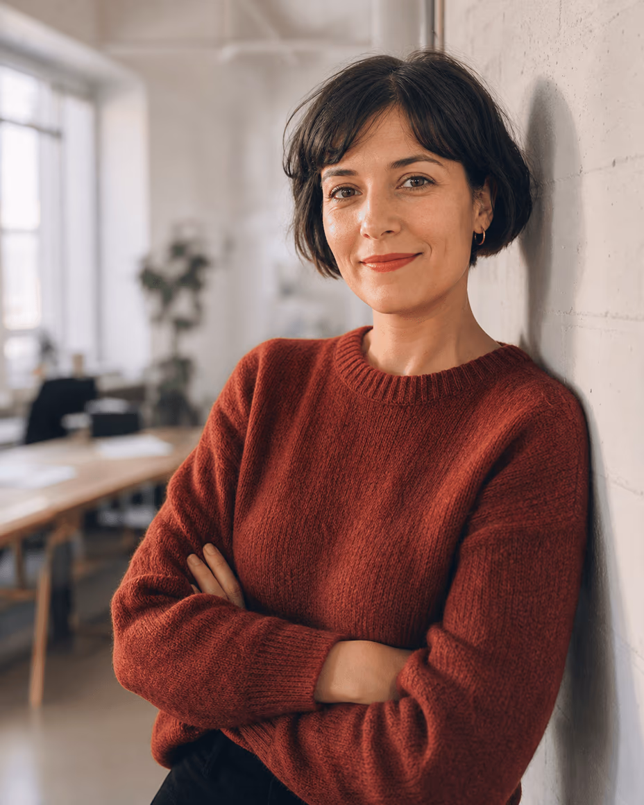 Portrait of a woman with a short dark bob in a red knit sweater, arms crossed, leaning on a wall in a bright studio