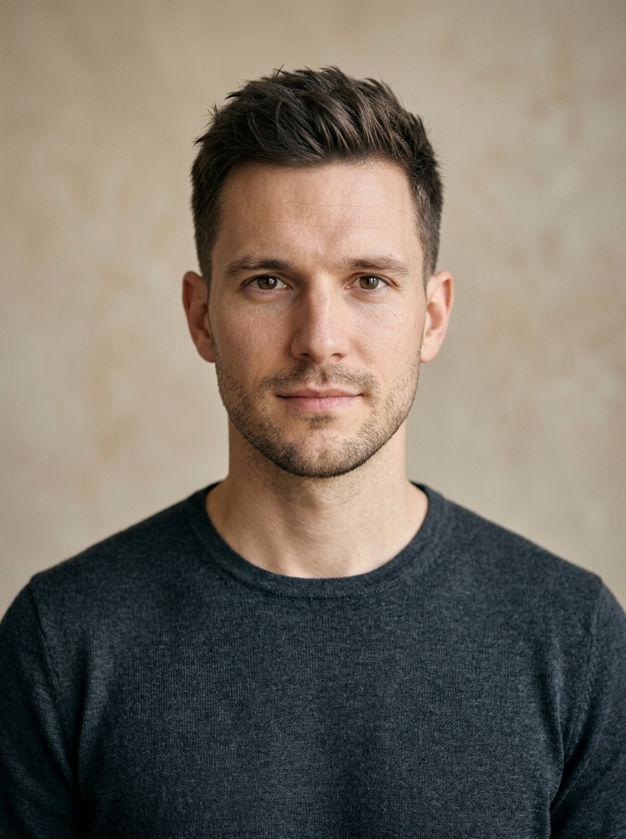 Zurückhaltend und kompetent wirkender Entwickler in schlichtem Shirt, Beispiel für einen Tech-Kontext, in dem ein Foto optional ist